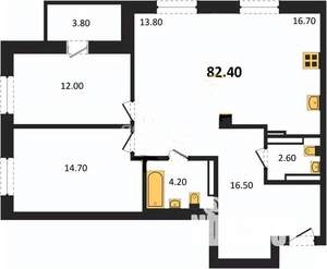 3-к квартира, сданный дом, 82м2, 14/25 этаж