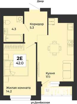 2-к квартира, строящийся дом, 42м2, 15/25 этаж