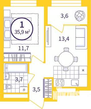 1-к квартира, вторичка, 34м2, 22/24 этаж