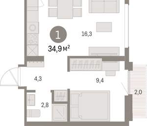 1-к квартира, вторичка, 35м2, 6/9 этаж