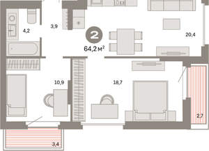 2-к квартира, вторичка, 64м2, 4/9 этаж