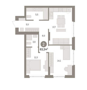 2-к квартира, вторичка, 63м2, 2/16 этаж