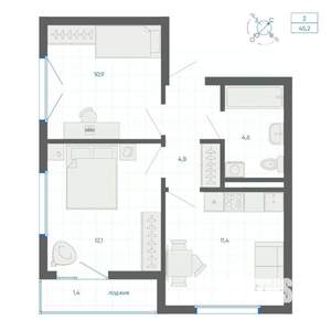 2-к квартира, строящийся дом, 45м2, 15/32 этаж