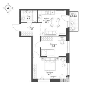 2-к квартира, строящийся дом, 57м2, 5/16 этаж
