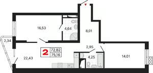 2-к квартира, вторичка, 75м2, 5/25 этаж