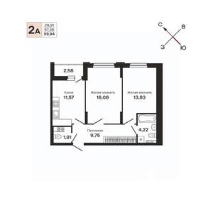 2-к квартира, вторичка, 60м2, 4/25 этаж