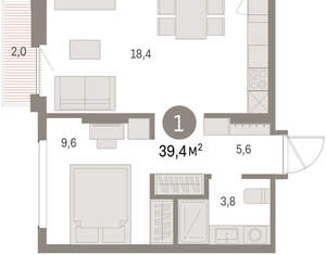 1-к квартира, вторичка, 39м2, 2/9 этаж