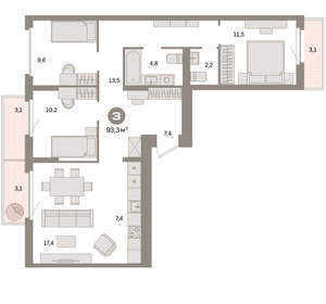 3-к квартира, вторичка, 93м2, 8/16 этаж