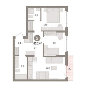 2-к квартира, вторичка, 62м2, 4/16 этаж