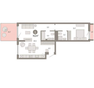 1-к квартира, вторичка, 74м2, 2/16 этаж