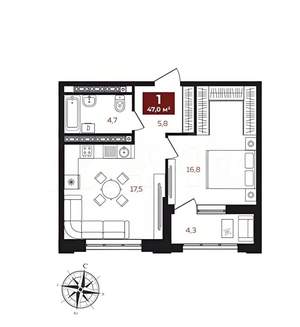1-к квартира, вторичка, 46м2, 2/21 этаж
