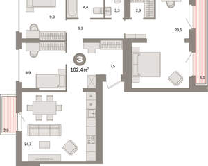 3-к квартира, вторичка, 102м2, 8/9 этаж