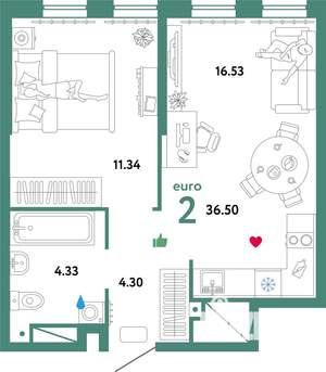 2-к квартира, строящийся дом, 37м2, 32/32 этаж