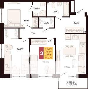 3-к квартира, вторичка, 80м2, 2/9 этаж