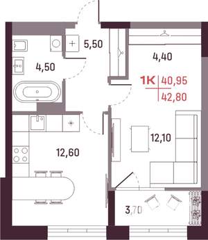 1-к квартира, вторичка, 41м2, 12/25 этаж