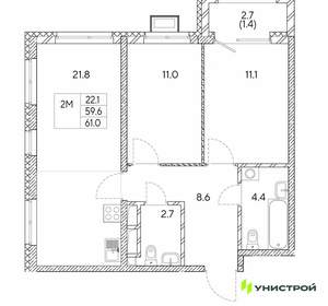 2-к квартира, вторичка, 61м2, 18/30 этаж