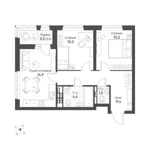 2-к квартира, строящийся дом, 54м2, 9/16 этаж