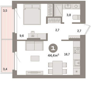 1-к квартира, вторичка, 44м2, 5/16 этаж