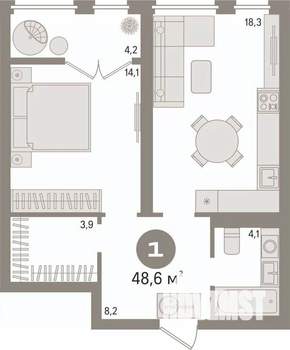 1-к квартира, вторичка, 49м2, 6/11 этаж