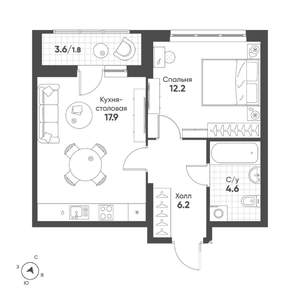1-к квартира, строящийся дом, 43м2, 13/15 этаж
