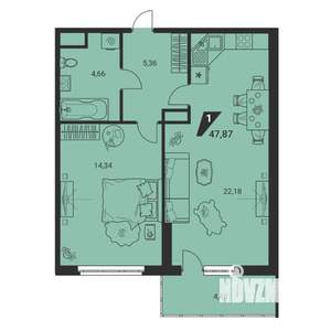 2-к квартира, вторичка, 48м2, 22/25 этаж