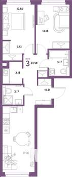 3-к квартира, строящийся дом, 64м2, 14/31 этаж