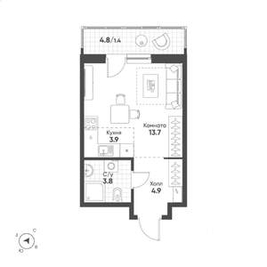 Студия квартира, вторичка, 28м2, 7/15 этаж