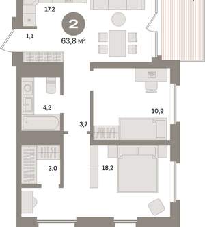 2-к квартира, вторичка, 64м2, 10/24 этаж