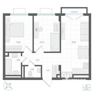2-к квартира, строящийся дом, 54м2, 4/4 этаж