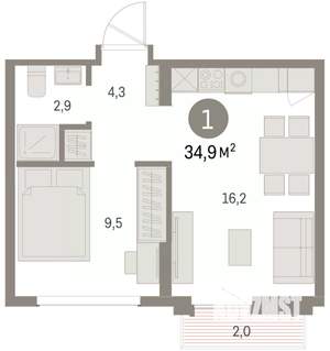 1-к квартира, вторичка, 35м2, 8/9 этаж
