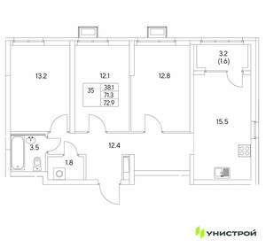 3-к квартира, вторичка, 73м2, 13/30 этаж