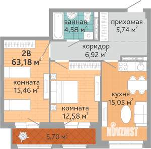 2-к квартира, строящийся дом, 63м2, 5/24 этаж