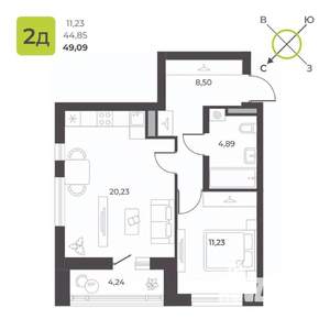 1-к квартира, строящийся дом, 49м2, 10/23 этаж