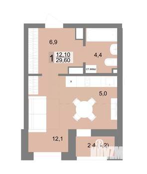 1-к квартира, строящийся дом, 30м2, 20/25 этаж
