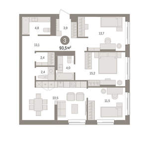 3-к квартира, вторичка, 94м2, 2/25 этаж