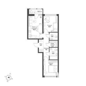 2-к квартира, строящийся дом, 57м2, 2/15 этаж