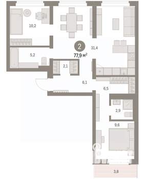 2-к квартира, вторичка, 77м2, 9/9 этаж