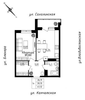 1-к квартира, строящийся дом, 41м2, 24/25 этаж