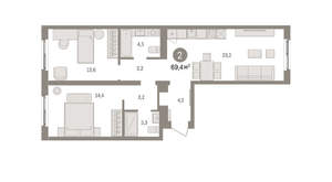 2-к квартира, вторичка, 69м2, 3/15 этаж
