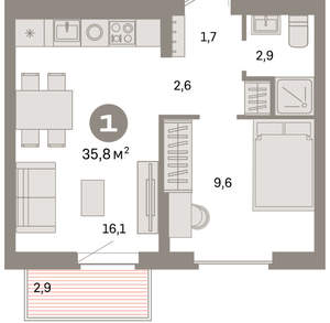 1-к квартира, вторичка, 36м2, 6/9 этаж