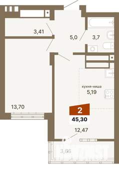 2-к квартира, строящийся дом, 45м2, 20/23 этаж