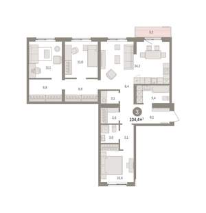 3-к квартира, вторичка, 104м2, 3/8 этаж