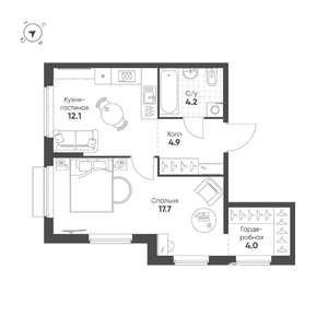 1-к квартира, строящийся дом, 43м2, 12/25 этаж