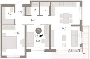 2-к квартира, вторичка, 76м2, 2/9 этаж