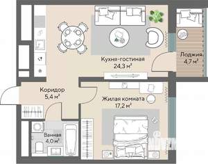 1-к квартира, строящийся дом, 53м2, 15/28 этаж