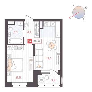 1-к квартира, строящийся дом, 39м2, 12/25 этаж