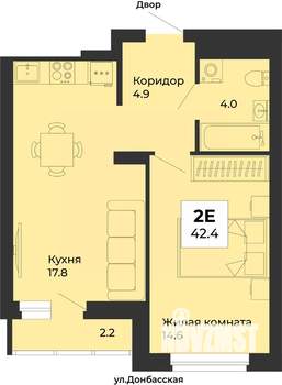 2-к квартира, строящийся дом, 42м2, 18/25 этаж