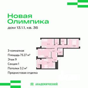 3-к квартира, вторичка, 75м2, 9/9 этаж