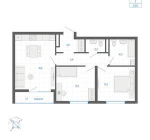 2-к квартира, вторичка, 63м2, 7/32 этаж