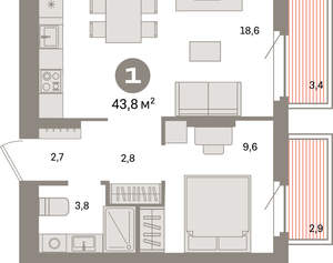 1-к квартира, вторичка, 44м2, 5/9 этаж